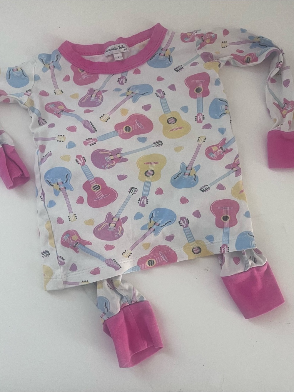 Magnolia Baby Toddler Girl Long Pajamas 2 Guitar Print Pima Cotton Pink Trim